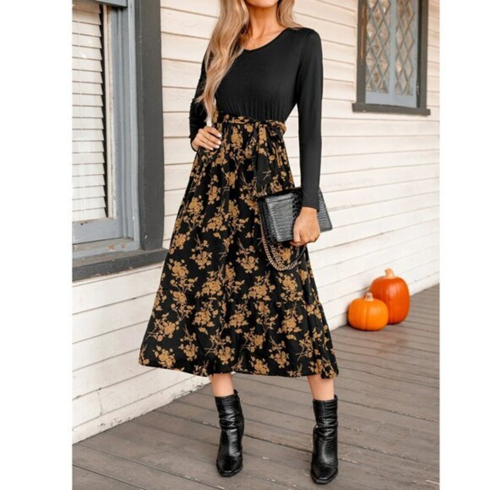 CUPSHE Women's Long-Sleeved Floral mid-Length Dress Printed V-Neck‎ Dress (M)